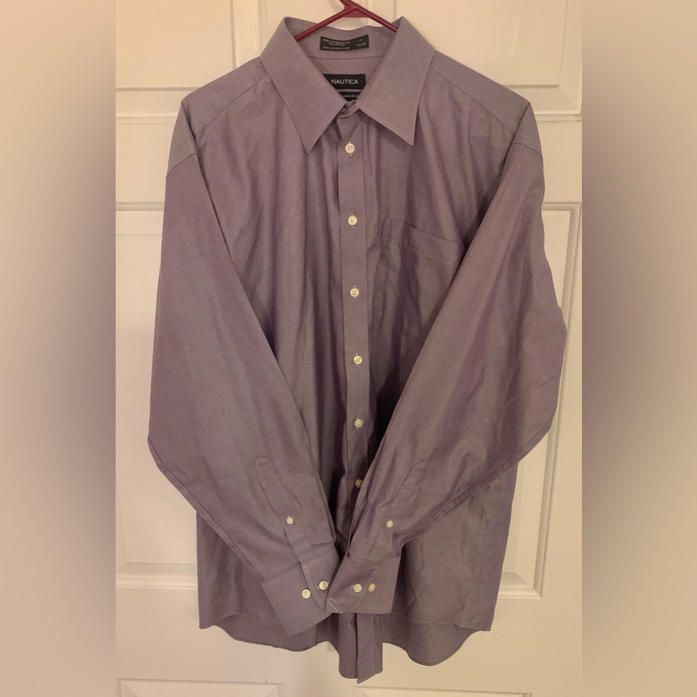 Men’s Nautica Button Down Long Sleeved Shirt Purple Size 17 34/35 Cotton